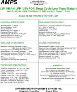 12V 190Ah lithium LFP battery specifications