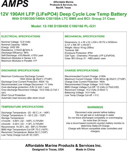 12V 190Ah lithium LFP battery specifications
